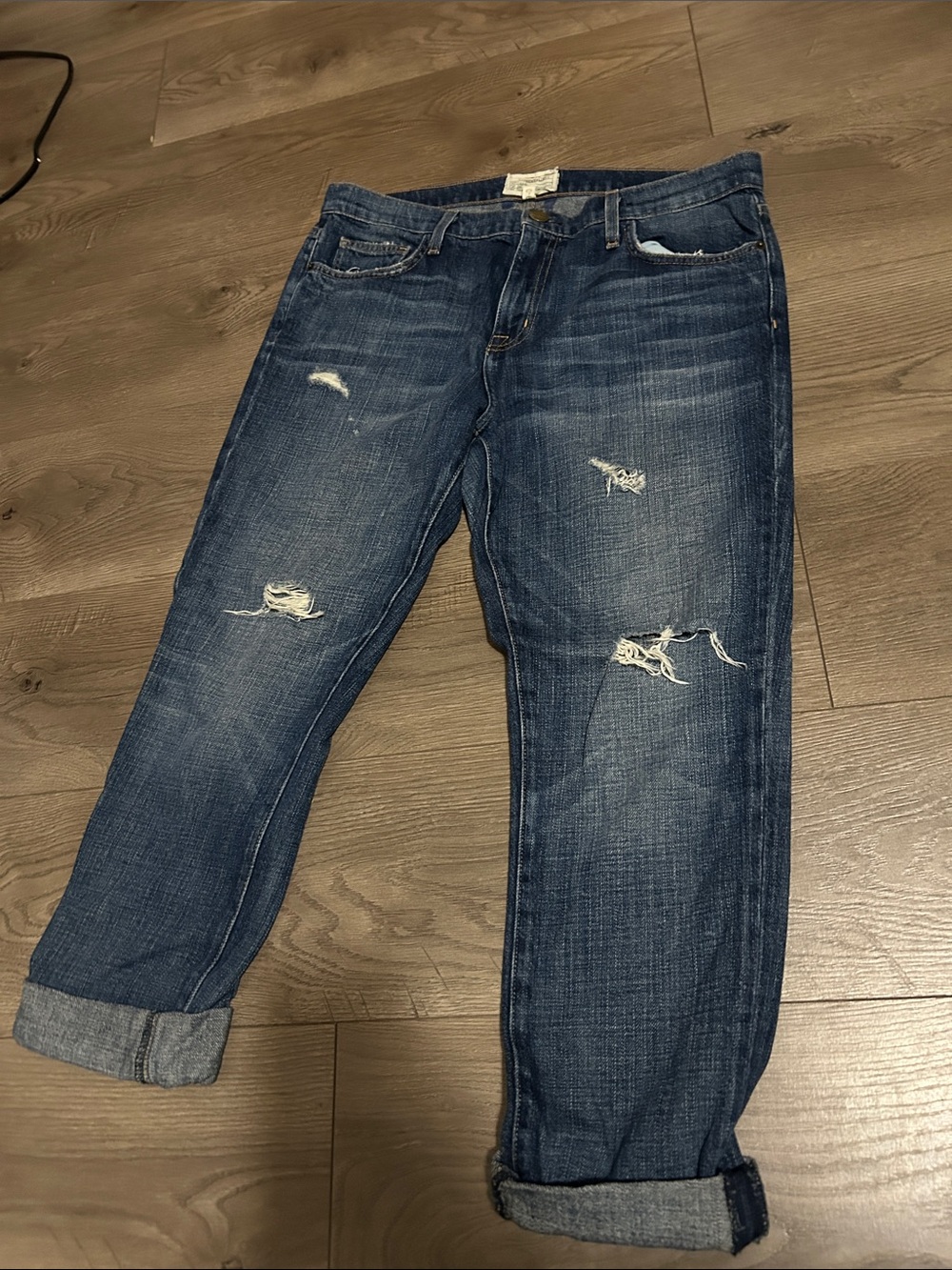 Current/Elliott Distressed Dark Blue Boyfriend Jeans